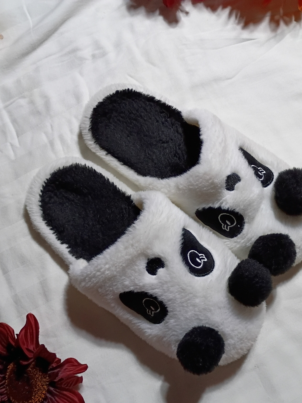 SHEIN White and Black Panda Plush Slip-On Slippers